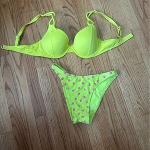 Neon Lime Push-Up Bikini Set with Pink Dot Print